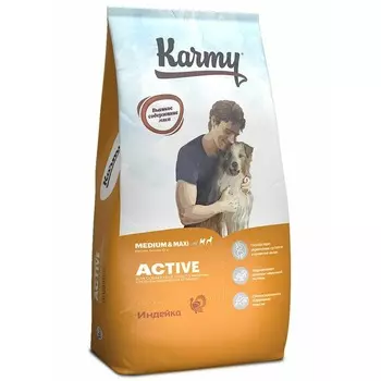 Karmy Active Medium & Maxi сухой корм для взрослых собак средних и крупных пород, подверженных повышенным физическим нагрузкам, с индейкой - 14 кг повседневный премиум низкозерновые для взрослых с индейкой породы крупного размера мешок Российский корм 1 уп. х 1 шт. х 14 кг