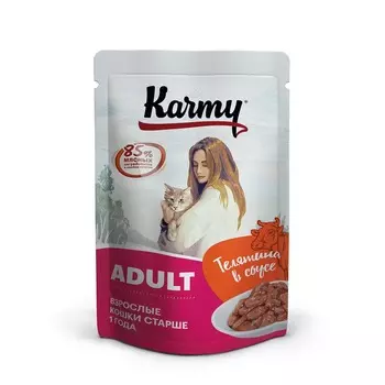 Karmy Adult полнорационный влажный корм для кошек старше 1 года с телятиной, кусочки в соусе, в паучах - 80 г повседневный премиум для взрослых с телятиной паучи Российский корм 1 уп. х 24 шт. х 1.92 кг