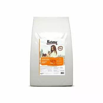 Karmy Hair & Skin полнорационный сухой корм для кошек для здоровья кожи и шерсти, c лососем - 10 кг повседневный премиум для взрослых с лососем мешок Российский корм 1 уп. х 1 шт. х 10 кг