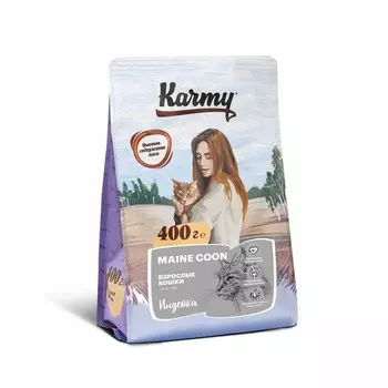 Karmy Maine Coon Adult полнорационный сухой корм для кошек породы мейн кун, с индейкой - 400 г повседневный премиум мейн кун для взрослых с индейкой мешок Российский корм 1 уп. х 1 шт. х 0.4 кг