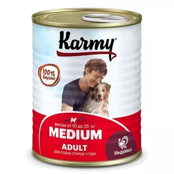 Karmy Medium Adult влажный корм для собак средних пород, с индейкой, консервы - 340 г премиум для взрослых с индейкой породы среднего размера консервы (в железной банке) Россия 1 уп. х 12 шт. х 4.08 кг
