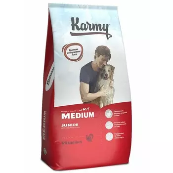 Karmy Medium Junior полнорационный сухой корм для щенков средних пород, с индейкой - 14 кг повседневный премиум низкозерновые для щенков с индейкой породы среднего размера мешок Российский корм 1 уп. х 1 шт. х 14 кг