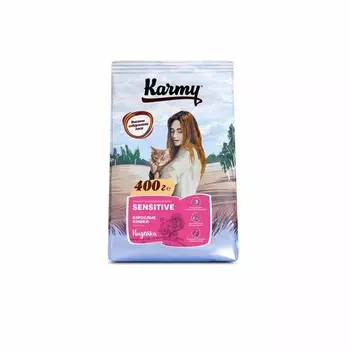 Karmy Sensitive полнорационный сухой корм для кошек с чувствительным пищеварением, с индейкой - 400 г повседневный премиум для взрослых с индейкой мешок Российский корм 1 уп. х 1 шт. х 0.4 кг