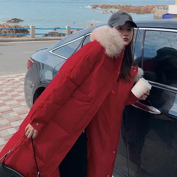 Женский осенне-зимний пуховик с большим воротником и капюшоном длиной до колена, свободное большое толстое пальто S