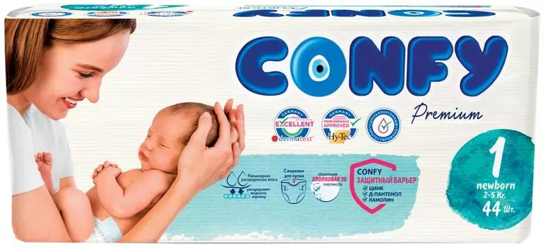 Подгузники Confy Premium NB Размер 1 2-5кг 44шт
