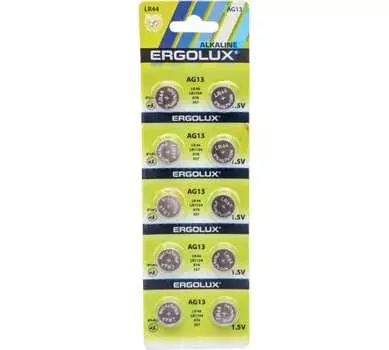 Батарейка Ergolux 14321, AG13/LR1154/LR44/357A/A76, 1.5V, 10 шт. (14324)