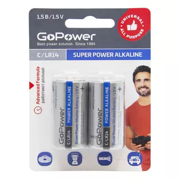Батарейка GoPower C (R14/LR14), 1.5V, 2 шт. (00-00017861)