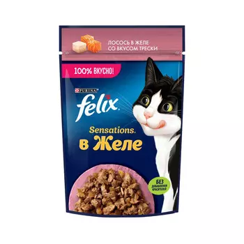FELIX Sensations Корм влаж.лосось и треска в желе д/кошек пауч 75г