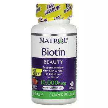 Natrol, Биотин, максимальная эффективность, клубника, 10 000 мкг, 60 таблеток
