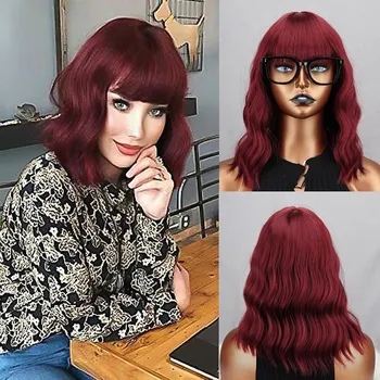 MISS WIG Длиной до плеч Коричневый смешанный блондин волнистый парик Боб с челкой Синтетическое волокно Повседневная одежда Натуральный волнистый парик для женщин
