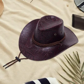 Ковбойская шляпа Cowgirl Регулируемый ремешок на подбородке Модные прочные шляпы из искусственной кожи Джазовые кепки чёрный