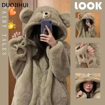 DUOJIHUI зимний фланелевой милый свободный женский пижамный комплект с капюшоном, новые простые повседневные модные толстые теплые мягкие пижамы с принтом для женщин