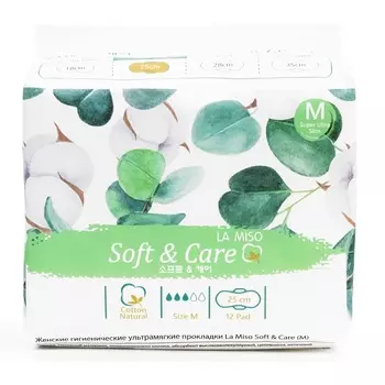 LA MISO Женские гигиенические ультрамягкие прокладки Soft &amp; Care размер M, 12 шт (LA MISO, Гигиена)
