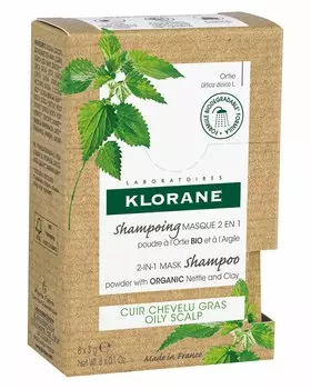 Klorane Порошковый шампунь-маска 2в1 с экстрактом крапивы и глины, 8 саше х 3 г (Klorane, Oily Prone Hair)