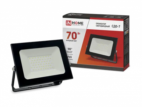 Прожектор светодиодный IN HOME СДО-7, 70Вт, 6500K, IP65, черный (4690612034645)