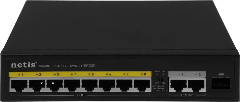 Коммутатор Netis P110GH, кол-во портов: 8x100 Мбит/с, SFP 1x1 Гбит/с, кол-во SFP/uplink: RJ-45 2x1 Гбит/с, PoE: 8x30Вт (макс. 100Вт) (P110GH)