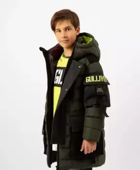 Пальто демисезонное с капюшоном цвета хаки Gulliver (152)
