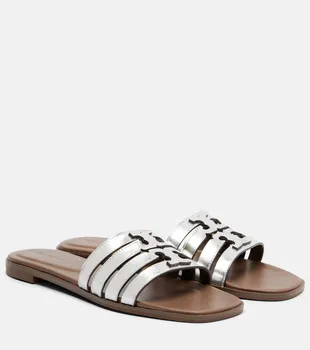 Металлические кожаные шлепанцы Tory Burch, Silver/Wild Mushroom