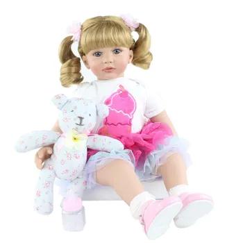 BZDOLL 60 см силиконовая кукла реборн игрушка для девочки 24 дюйма длинные волосы принцесса для малышей с медведем одеваются Play House Bebe подарок на день рождения Blue Eyes, 60cm doll чёрный