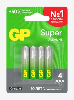 Батарейки мизинчиковые алкалиновые GP ААА Super Alkaline, 4 шт, Зеленый
