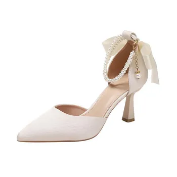 Французские босоножки Niche Temperament Socialite Autumn Pearl Bow Super Fairy High Heels 34 бордовый