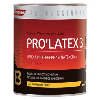 краска акриловая PARADE Pro Latex Е3 для стен и потолков белая 0,9л, арт.0005925