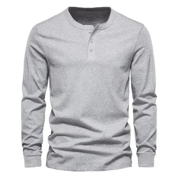 Мужская повседневная футболка с длинным рукавом Henley Grandad с V-образным вырезом и пуговицами, однотонная футболка, топ M белый