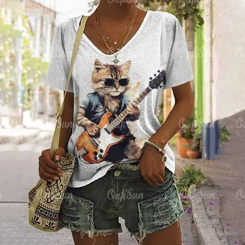 2024 Новая женская футболка Rockin Cat с принтом, топ больших размеров, летняя женская трендовая одежда, модная рубашка с короткими рукавами, футболка с круглым вырезом M