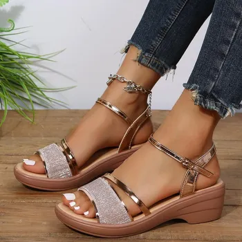 Женские босоножки на танкетке, босоножки на каблуке 4,5 см, женские босоножки на платформе золотого цвета, летняя обувь, Chaussures Femme 35