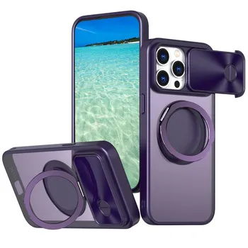 Чехол Magsafe для iPhone 15 14 13 12 Pro Max XR 11 15 14 Plus Slide Camera Ring Holder Stand Silicone Protection Hard Phone Cover iPhone 15 темно-зеленого