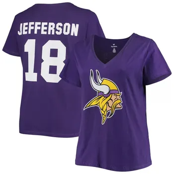 Женская футболка Fanatics с логотипом Justin Jefferson Purple Minnesota Vikings, большие размеры, имя и номер, футболка с v-образным вырезом Fanatics
