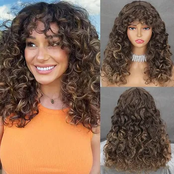 MISS WIG Афро-женский длинный курчавый вьющийся парик с вьющейся челкой из синтетического волокна, женский повседневный парик до плеч, натуральный черный парик 60 cm
