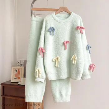 Пижамный комплект Sweet Bow, осенне-зимняя полуфланелевая пижама, женская домашняя одежда с круглым вырезом, плотная теплая плюшевая ночная одежда, одежда для отдыха M жёлтый