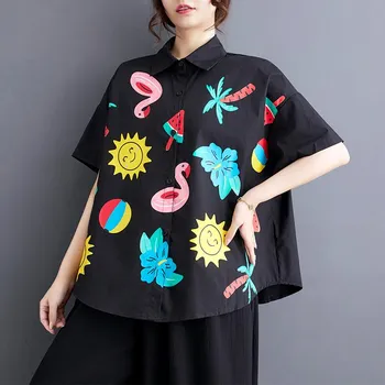 DIMANAF 2025 Plus Size New Summer Style Blouse Vintage Design Short Sleeve Colorful Casual Shirt Women Loose Shirt Geometric Print Shirt One Size белый