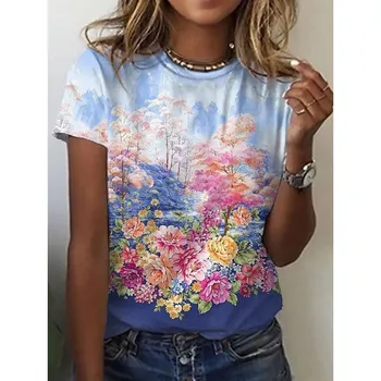 Women s Summer 3D Plant Flower Digital Printed Round Neck Short Sleeve T-shirt S