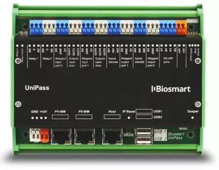 Контроллер BioSmart UniPass позволяет организовать пропускной режим по венам ладони и RFID-картам при помощи биометрических считывателей