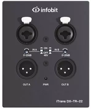 Конвертер Infobit iTrans DX-TR-22 Dante - ан. 2 ан. входа XLR(F), 2 ан. выхода XLR(M), RJ45(Dante). Поддержка фантомного питания. Питание PoE