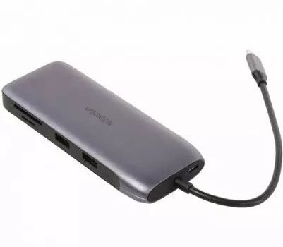 Конвертер UGREEN 70301 USB-C to HDMI+DP+VGA+2xUSB3.0+RJ45(Gigabit)+SD/TF+USB-C PD (5G&4K 60Hz), серый