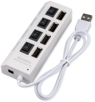 Разветвитель Gembird UHB-243-ADW USB2.0,, 4хUSB, с доп.питанием, подсв и выкл, кабель USB 55см, белый, коробка
