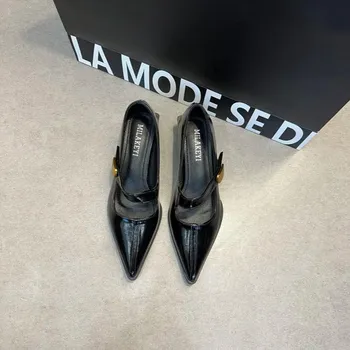 Spring New Style Pointed Toe Elegant Low Heel Women s One-Strip Leather Shoes Low-Cut Sexy Single Shoes 35 серебряный