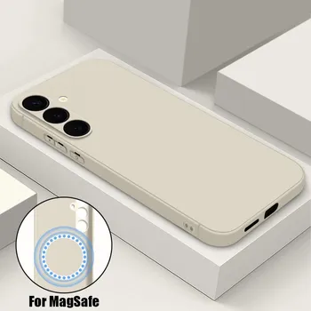 Роскошный квадратный жидкий силиконовый тонкий чехол для Samsung S25 Ultra S24 FE S23 Plus S22 S21 A56 A16 A36 A55 противоударный магнитный чехол для Magsafe мягкий чехол для телефона Samsung S24 чёрный