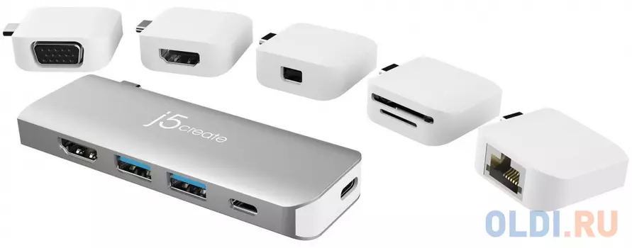 Модульная док-станция j5create ULTRADRIVE Kit USB-C. Порты док-станции: USB-C PD 3.0, USB-C 3.1, HDMI, USB-A 3.1 x 2. Порты модулей: 4K HDM, 4K Mini D