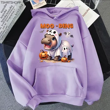 Смешной Хэллоуин Moo Deng Hoodie Fashion Unisex Harajuku Aesthetic Kawaii Hoodies Unisex Осень Зима Пуловер Толстовки Толстовка L