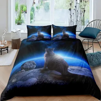 Комплект постельного белья Galaxy Cat из микрофибры Universe Galaxy, комплект постельного белья, милый котенок, чехол для одеяла, космические планеты, чехол для пододеяльника 70x133cm 2pcs
