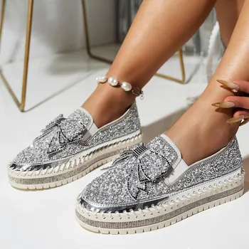 Туфли Muffin Shoes Женские туфли большого размера Лоферы на платформе Весна-лето Туфли Lazy Shoes Педаль со стразами 35 серебряный