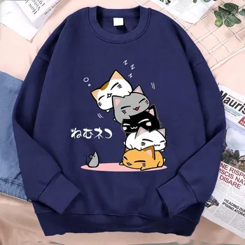 Stacked Cats Sleeping Don t See Mouse Мужская одежда Аниме-пуловеры с капюшоном Свободная флисовая толстовка Повседневная уличная одежда с круглым вырезом Пуловеры и длинные рукава мужские S чёрный