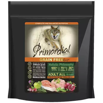 Сухой корм для собак беззерновой, курица, лосось, 400 г, PRIMORDIAL