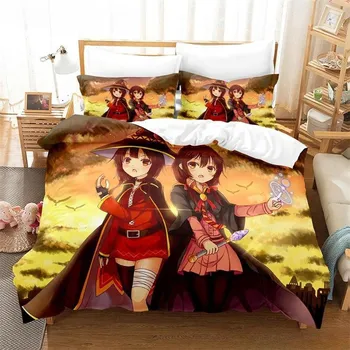 Комплект постельного белья Kawaii KonoSuba из трех предметов с рисунком из мультфильма «Аниме» для взрослых и детей, комплекты пододеяльников 3D Kawaii Girls, комплекты постельного белья размера «king size» 135x200cm 2pcs