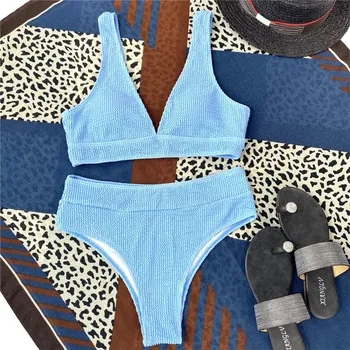 Морщинистый женский купальник с v-образным вырезом и высокой талией, женский купальник из двух частей, комплект бикини, купальный костюм, купальный костюм S синий