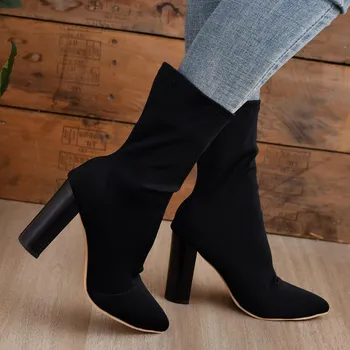 Ladies Shoes 2024 Fashion Women s Boots Square Heel Mid-Calf Ankle Boots for Women Pointed Toe Stretch Sock Boots Bota Feminina 35 абрикосовый